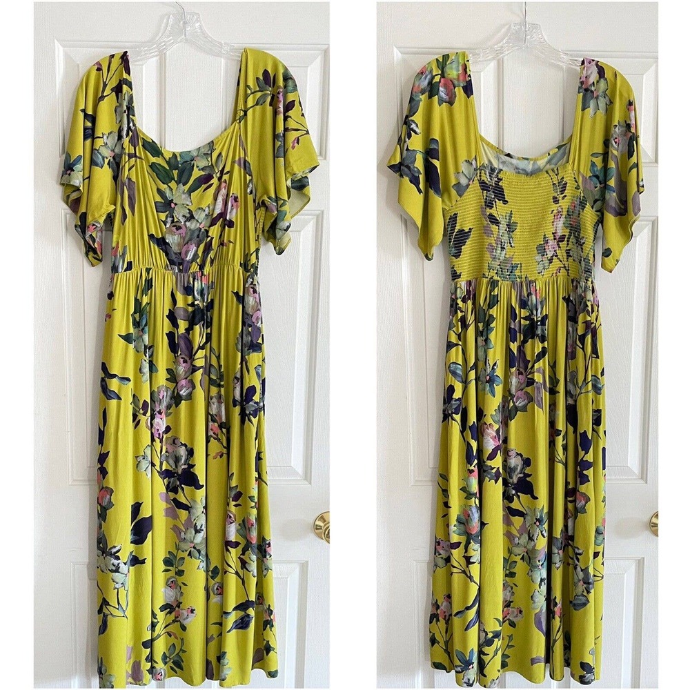 Soft Surroundings Women’s Maise Yellow Floral Smocked Maxi Dress Sz L